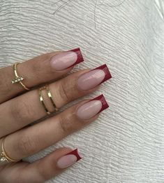 Acrylics For Work, Square Dark Red Nails, Dark Red Acrylic Nails Design, Dark Red French Tips, Red Graduation Nails, Dark Red French Tip, Dark Red French Tip Nails