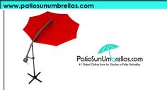 a red umbrella on a black stand with the caption patio sun umbrellas com