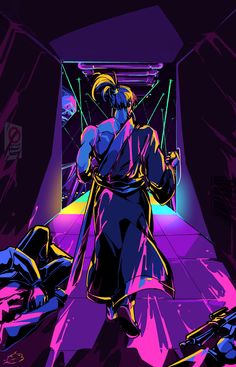 an image of a man in the middle of a tunnel with neon colors on it