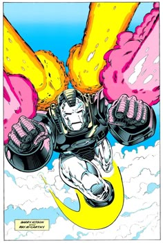 an image of a comic character flying through the air with yellow and pink clouds in the background