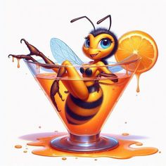 a painting of a bee sitting in a glass with orange slices and honey on the rim