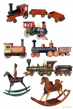 various toy trains and carriages are shown in this illustration, including one horse pulling a carriage