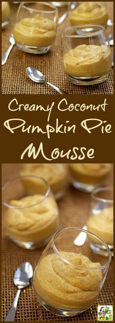 creamy coconut pumpkin pie mousse in small bowls with spoons on the side