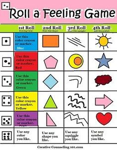 a game board with different shapes and numbers on it, including the words roll a feeling game