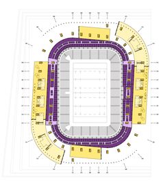 an aerial view of the stadium from above, with purple and yellow markings on it