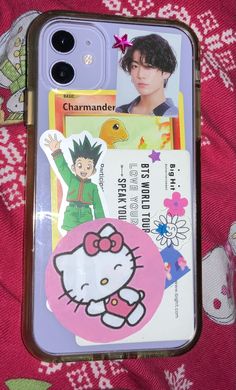 a cell phone case with an image of a hello kitty on the front and back