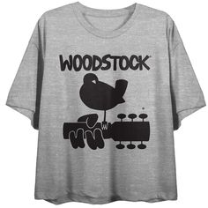 Attend your next music festival (or just music listening session) with this ladies' groovy cropped tee! The Woodstock festival t-shirt features a professionally printed image of the legendary festival's bird and guitar logo. Made of 100% preshrunk cotton, the heather gray t-shirt has short sleeves, a crew neck, and a cropped length for on-trend comfort and style in warmer weather. The Woodstock fan apparel can be machine washed with like colors, then tumble dried for easy care. As an officially Woodstock Logo, Guitar Logo, Music Listening, Woodstock Festival, Cropped Graphic Tees, Festival T Shirts, Color Logo, Cropped T Shirt, Cropped Tee