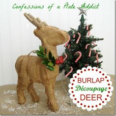 a burlap reindeer next to a christmas tree