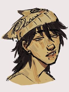 a drawing of a young man with long hair and a hat on top of his head