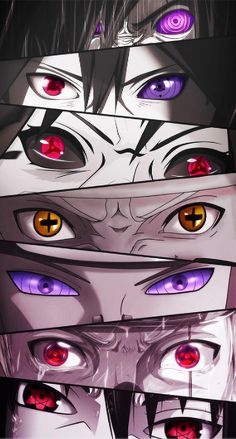 an anime character with red eyes and purple eyes is looking at the camera while standing in front of another character