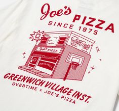 a white t - shirt with red lettering on it that says goe's pizza since 1915