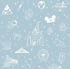 a blue and white wallpaper with various cartoon characters on it, including mickey mouse