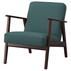 a green chair with wooden arms and legs