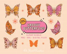 the butterfly clipart bundle is shown in orange and pink, with butterflies surrounding it