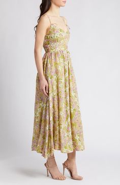 En Saison Serena Floral Midi Dress | Nordstrom Green Midi Dress With Adjustable Straps, Summer Garden Party Dresses With Knotted Straps, Ruched Maxi Sundress For Garden Party, Floral Midi Sundress For Daywear, Strapless Maxi Sundress With Tie Straps, Maxi Length Sundress With Knotted Straps, Strapless Sundress With Tie Straps, Tie-back Midi Dresses For Garden Party, Flowy Summer Dress With Knotted Straps