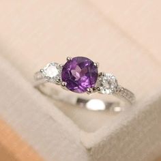 Amethyst ring round cut February birthstone ring sterling | Etsy Engagement Rings Amethyst, Luo Jewelry, February Birthstone Ring, Purple Stone Rings, Silver Engagement Ring, 3 Stone Engagement Rings, Engagement Ring For Women, Round Cut Engagement Rings, Gem Ring