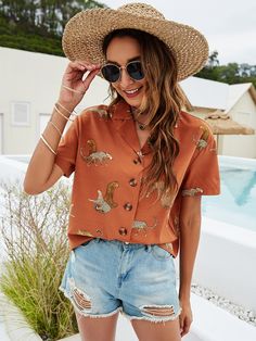 Leopard Print Lapel Neck Blouse Denim Fashion Women, Galaxy Print, Casual Coat, Fashion Wear, Printed Blouse, Burnt Orange, Hawaiian Shirt, Fashion News, Short Sleeves Tops