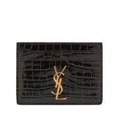 Saint Laurent Card Case In Croc-Embossed Calf Leather Signature Ysl Monogram Golden Hardware Center Slip Compartment Exterior, Four Card Slots Approx. 4.1"H X 3"W X 0.2"D Made In Italy