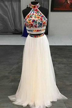 SP1842,Halter Sweet 16 Dress Two Piece Embroidery Floral Long Prom Dress · SofieProm · Online Store Powered by Storenvy Prom Dress Halter, White Prom Dress Long, Sweet 16 Dress, 16 Dress, Prom Dresses Two Piece, Mexican Dresses, Piece Prom Dress, Prom Dresses Online, Sweet 16 Dresses