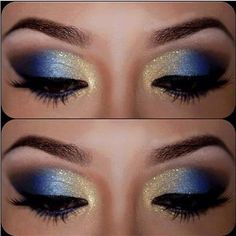 Blu e oro Blue And Gold Makeup, Yellow Eye Makeup, Make Up Designs, Gold Eye Makeup, Smink Inspiration, Eye Makeup Steps, Makijaż Smokey Eye