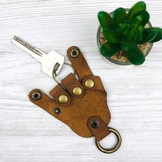 a pair of scissors sitting on top of a brown leather case next to a potted plant