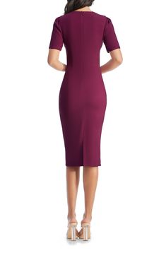 Step away, stylistically, from the standard sheath dress and stand out in this version, which makes an artful statement with its off-center neckline. 44 1/2" length (size Medium) Hidden back-zip closure Asymmetric square neck Short sleeves Lined 97% polyester, 3% spandex Dry clean or machine wash, line dry Imported Elegant Fitted Asymmetrical Midi Dress, Elegant Asymmetrical Fitted Midi Dress, Fitted Dress With Asymmetrical Neckline And Flattering Silhouette, Fitted Bodice Midi Dress With Flattering Cut, Formal Fitted Dress With Asymmetrical Neckline, Modern Fitted Sheath Bodycon Dress, Elegant Knee-length Bodycon Dress, Elegant Semi-formal Bodycon Dress, Fitted Midi Dress With Asymmetrical Neckline And Flattering Silhouette