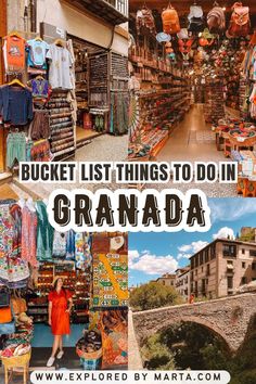 an outdoor market with lots of things to do in grannada, spain on the side