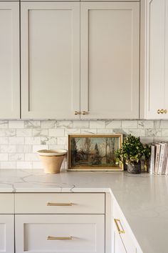 a white kitchen with marble counter tops and gold pulls on the cabinet doors, along with a potted plant