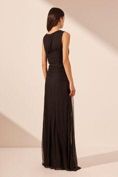 Cut out side split maxi dress in a light weight semi-sheer chiffon. Side Split Maxi Dress, Split Maxi Dress, Side Cuts, Cowl Neckline, Sheer Chiffon, Gathered Skirt, Side Split, Black Maxi Dress, Cut Outs