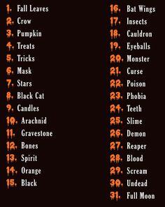 an image of the names of different types of halloween characters on a black background with orange lettering