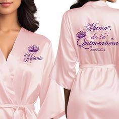 a women's satin robe with the name mama de la quiqueena written on it