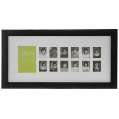 a black and white photo frame with nine photos in it, one has a green bookmark