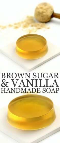 brown sugar and vanilla handmade soap on a white plate with spoons next to it