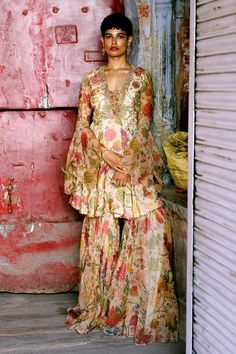 Buy Beige Silk Organza Printed Floral Pattern V Neck Peplum And Gharara Set For Women by RI.Ritu Kumar Online at Aza Fashions. Ritu Kumar, Beige Silk, Embroidered Bodice, Indian Dress, Flounce Sleeve, Silk Organza, Wedding Outfits, Water Lily, Festival Wear