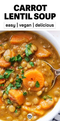 a white bowl filled with carrot lentil soup