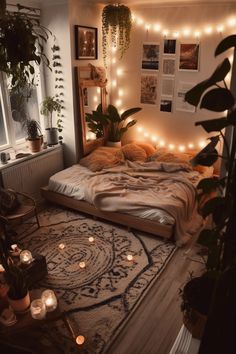 a bedroom with plants and lights on the wall above the bed is lit up by candles