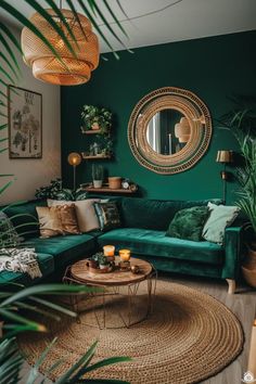 a living room with green walls and plants in the corner, round mirror on the wall