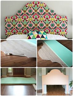 an upholstered headboard is shown in four different photos