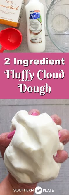 two ingredient fluffy cloud dough is shown in this collage with the words, 2 ingredients and