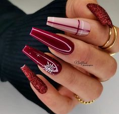 Christmas Nail Designs Long Coffin, Ballerina Winter Nails, Winter Ballerina Nails, Ballerina Christmas Nails, Ballerina Nails Christmas, Christmas Ballerina Nails, Red Burberry Nails, Red Christmas Nails Coffin, Nails Inspo Ballerina