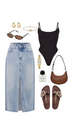 Sandals Outfit Black Women, Clean Summer Outfit, Brown Sandals Outfit, Black Sandals Outfit, Denim Skirt Outfit Summer, Sun Outfit, Looks Pinterest, Holidays Summer, Instagram Snap