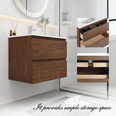 a bathroom vanity with drawers and lights on the wall, next to a shower stall