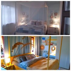 there are two pictures of a bedroom with blue and yellow decor on the walls, one in white