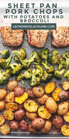 sheet pan with potatoes and broccoli on it