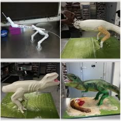 four different pictures of dinosaurs on display in an office setting, including one with a toy dinosaur and the other with food