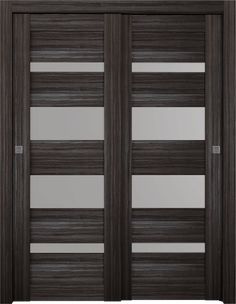 an image of two doors with glass panels on the front and back sides, in dark wood