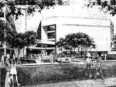 an old black and white photo of people walking in front of a building