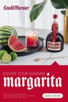 an advertisement for margarita with watermelon and limes on the table next to it