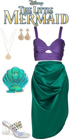 the little mermaid costume is green and has purple undershirt, high heeled shoes, and necklaces