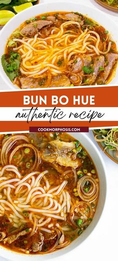 bun bo hue soup with beef and noodles in a white bowl on top of a table